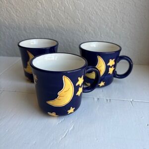 Celestial Moon Stars Stonelite Mug Set Navy Blue Yellow 3pc Coffee Cups 90s